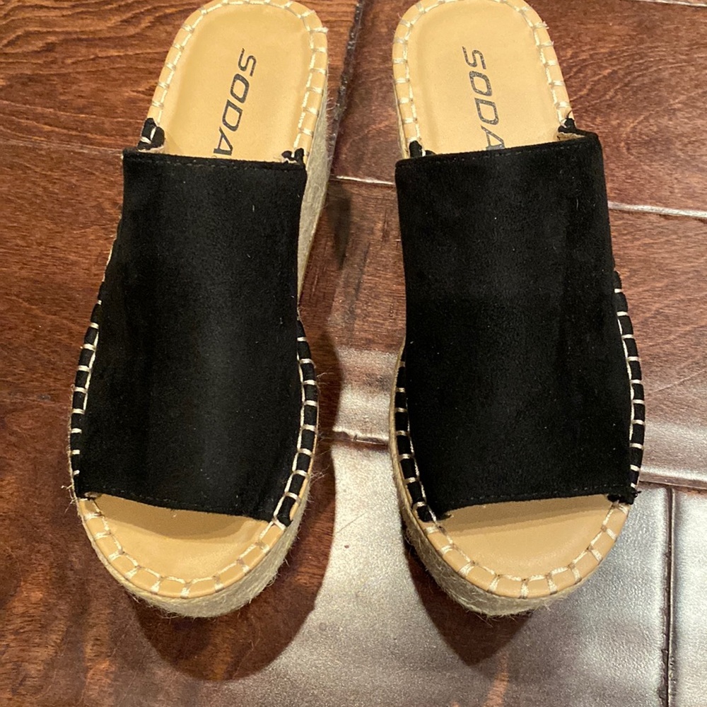 Like new black suede platform SODA mules